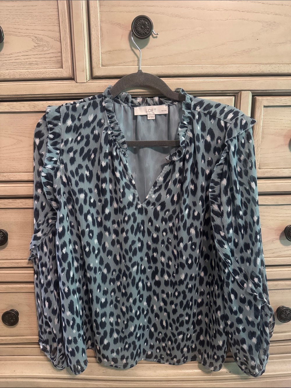 LOFT blue blouse with navy patterned trim